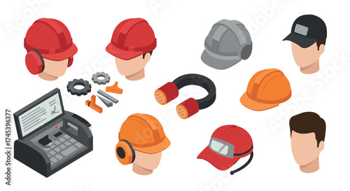 Isometric safety equipment and worker accessories set for construction professionals