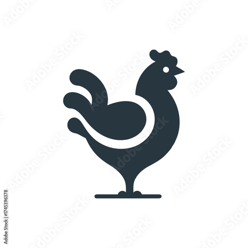 Stylized illustration of a chicken standing on a flat surface, with a minimalistic background
