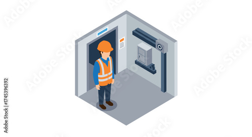 Isometric security room with worker in safety gear and scanner