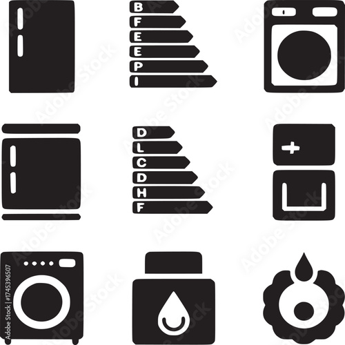 Black and white icons of appliances and energy efficiency ratings on a white background display image