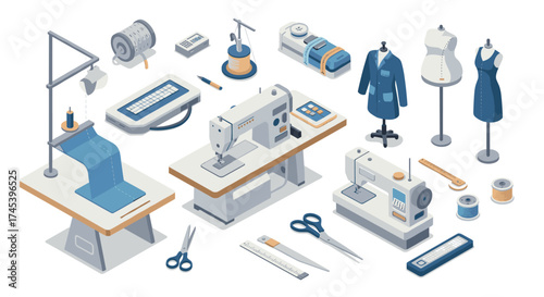 Modern sewing room equipment and tailoring tools in isometric design