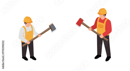 Isometric lumberjacks with axes in safety gear on white background