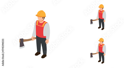 Isometric construction worker holding axe on white background