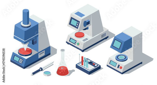Isometric laboratory equipment set with analytical instruments and scientific tools
