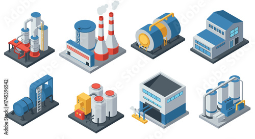 Isometric industrial building set featuring factories and equipment