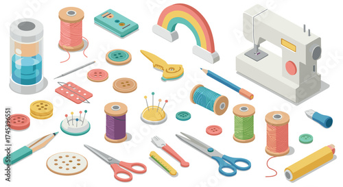 Sewing essentials isometric collection with vibrant colors and tools