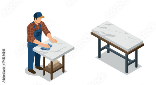 Isometric kitchen scene with worker cleaning marble countertop