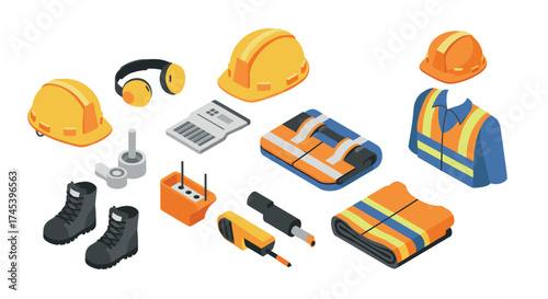 Isometric construction safety equipment set with helmets and gear