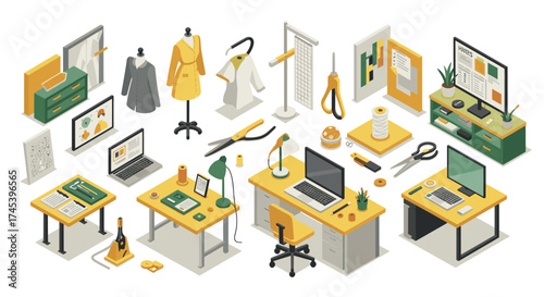 Fashion design office isometric workspace with sewing supplies and clothing