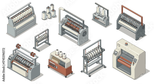Collection of industrial textile machines in isometric style