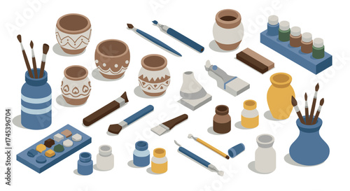 Artistic pottery tools and brushes in isometric style illustration