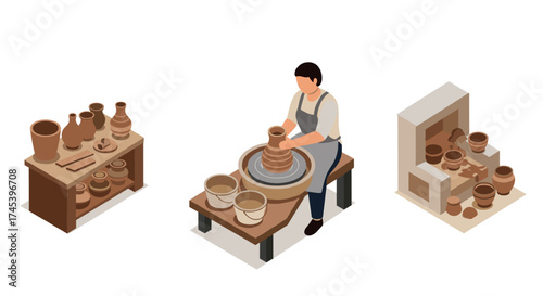 Isometric pottery workshop scene with potter crafting clay ceramics