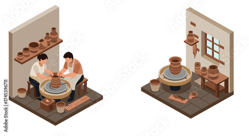 Isometric pottery workshop with people crafting clay on pottery wheel