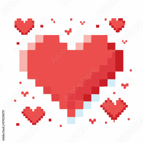 A large red pixel art heart surrounded by smaller floating hearts in a retro 8-bit style.