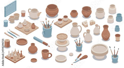Isometric ceramic art supplies and pottery tools collection
