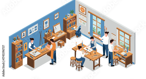 Creative craftsmanship workshop in isometric design featuring artisans at work