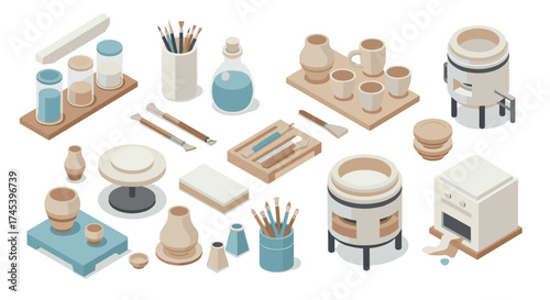 Isometric pottery workshop equipment and tools for creative crafts