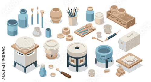 Ceramic workshop elements collection tools, pottery, brushes, jars, isometric art