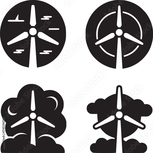 Four wind turbine icons in black and white showing different styles and environmental conditions