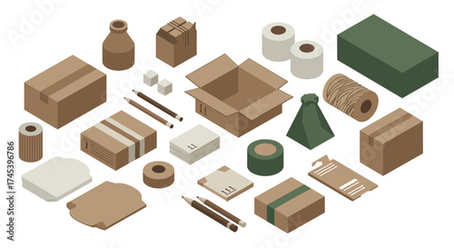 Isometric cardboard packaging collection with office supplies and eco materials