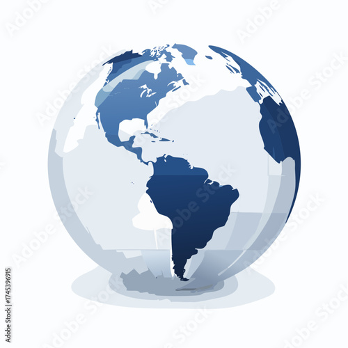 A stylized, glossy blue globe of planet Earth, centered on the continents of North and South America.