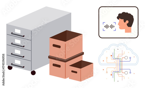 Filing cabinet, cardboard boxes, facial recognition interface, and cloud with circuits. Ideal for technology, data storage, AI, organization, digital innovation remote work simple flat metaphor