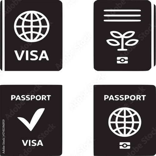 Four black and white passport and visa icons with different graphic elements and text on white background