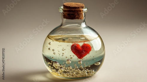 A transparent glass bottle with a cork stopper contains liquid and a small red heart-shaped object floating near the top