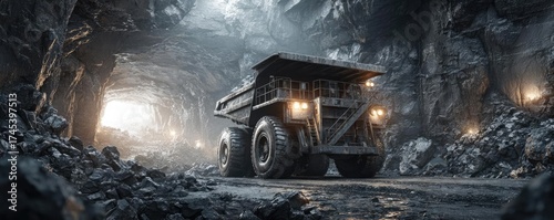 Extraction and refinement of precious rare earth concept. Heavy mining truck operating in a dimly lit underground mine.