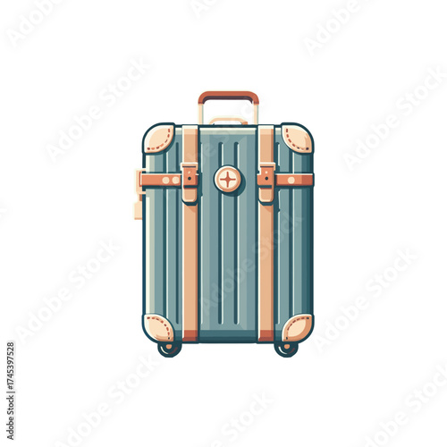 Vintage-style travel suitcase with leather straps and a classic design, isolated on white background