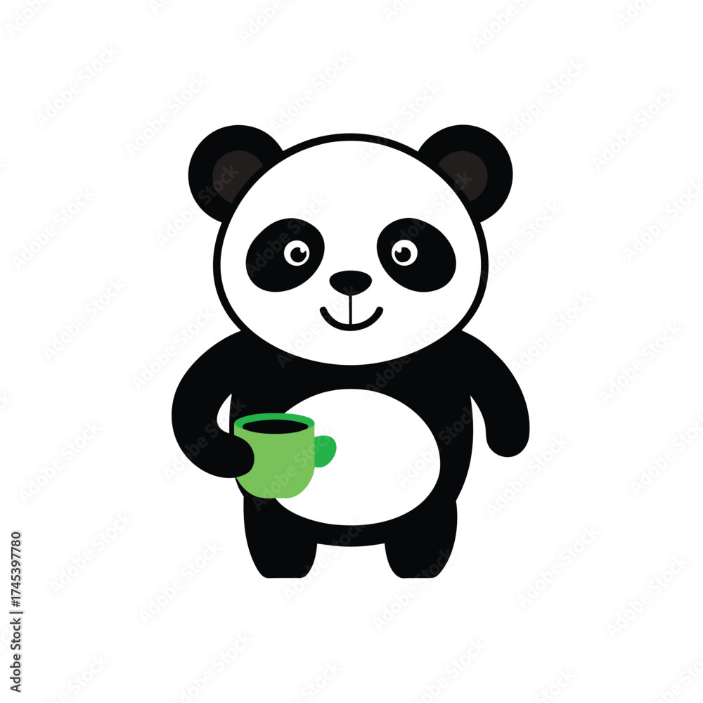 Naklejka premium Cute Cartoon Panda Bear Character Holding a Hot Coffee Mug.