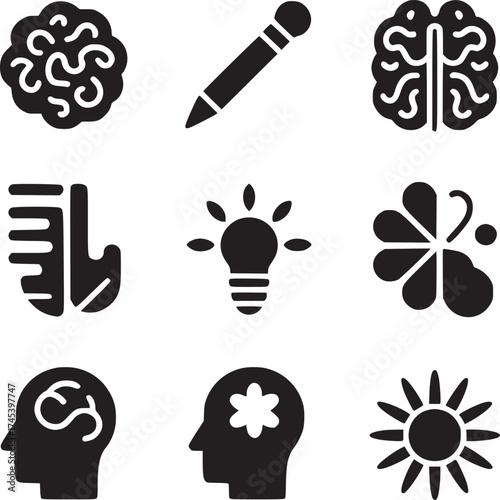 A collection of nine different black and white icons representing various concepts and ideas design
