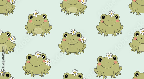 A cute pattern of smiling frogs with flowers on their heads.