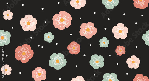 A gentle floral pattern with pastel blossoms and subtle white dots on a dark background.