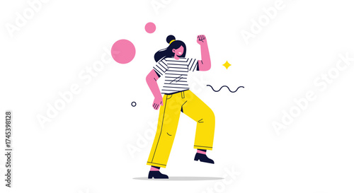 A woman in striped shirt and yellow pants walks dynamically.