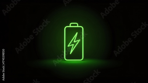 A glowing green neon battery icon with a lightning bolt symbol inside, symbolizing energy and power, against a dark background