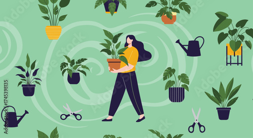 A woman carries a potted plant surrounded by other houseplants and gardening tools.