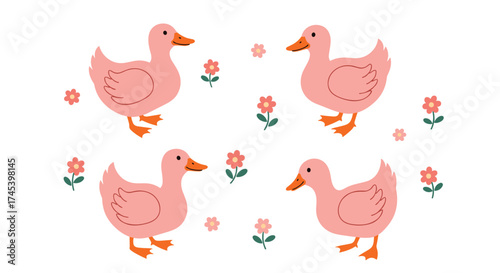 Four little pink ducks in a field of flowers.
