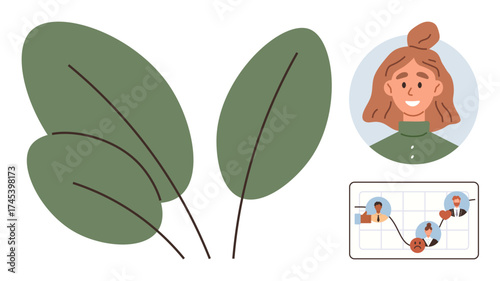 Woman smiling in circular portrait, three green leaves, and team performance graph. Ideal for teamwork, environment, growth, connection, leadership organization collaboration. Simple flat metaphor