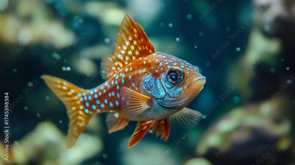 Fototapeta premium Captivating portrait of an exotic freshwater fish with striking coloration and intricate patterns