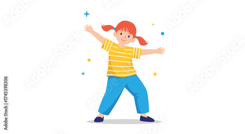 A happy young girl with pigtails dances with her arms outstretched.