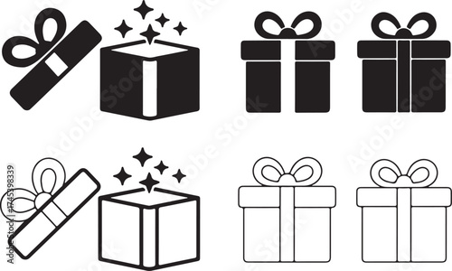 Black and white gift box icons open and closed with sparkles present symbol