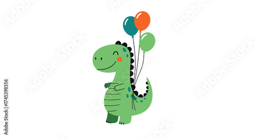 A cute green dinosaur is holding onto balloons.