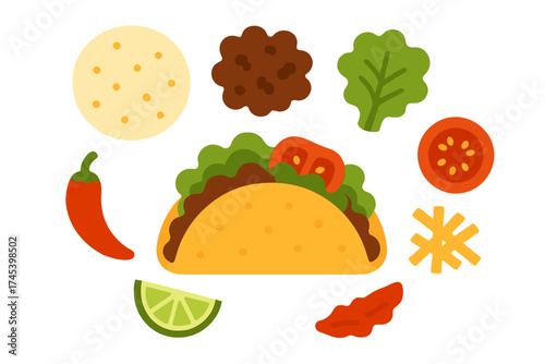 Delicious Mexican taco flat design with separate ingredients for customization