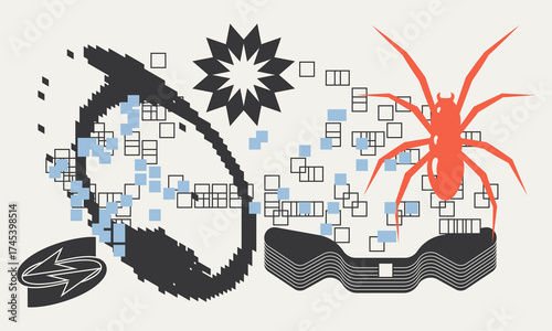 Digital abstract art showcasing a red spider with geometric shapes and patterns