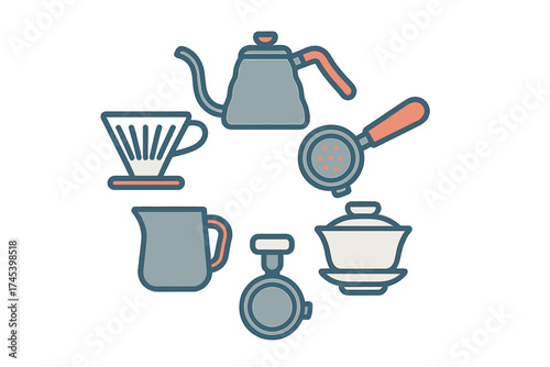 Stylized icons of coffee and tea brewing equipment and accessories