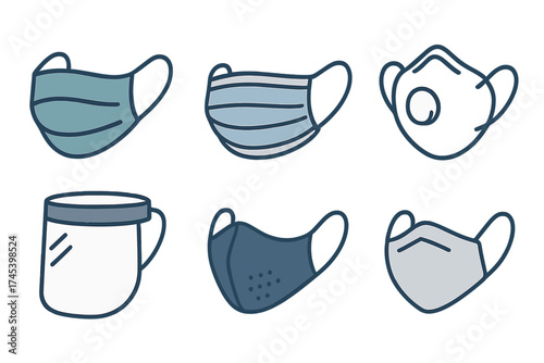 Set of various protective face masks and coverings including surgical, respirator, cloth, and shield types