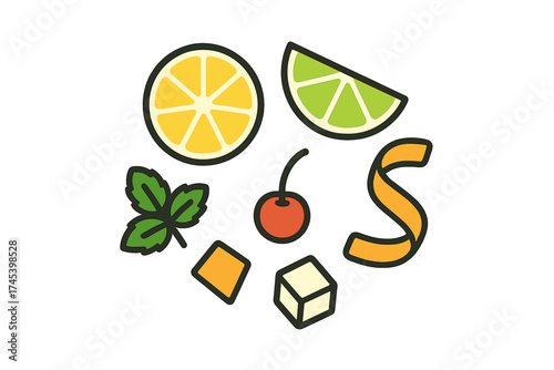 Colorful assortment of cocktail garnishes including citrus slices, mint leaves, cherry, and sugar cubes