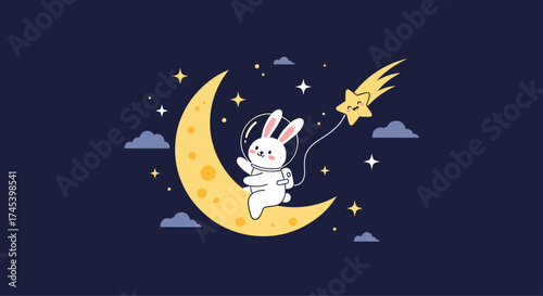 A cute cartoon bunny astronaut rides a crescent moon through starry space.