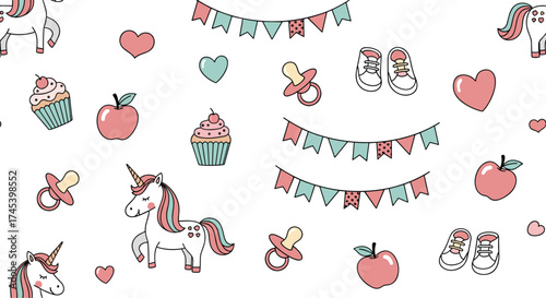 Whimsical baby shower decorations with unicorns hearts and cupcakes.